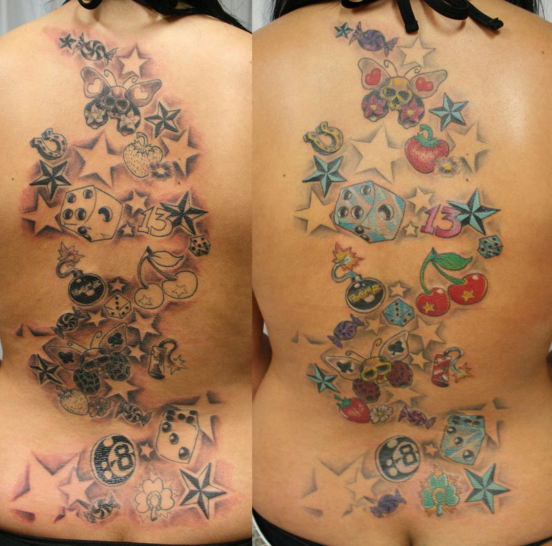 Girly Skull cherry dices TaT - flower tattoo