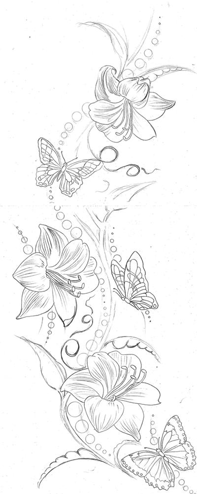 Lily Butterflies Backpiece - flower tattoo