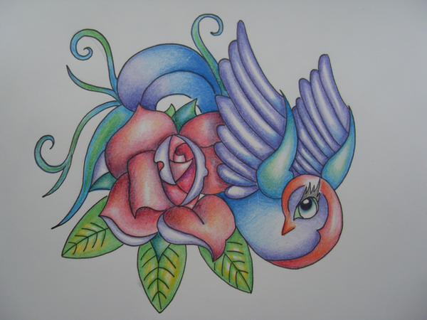 Swallow+Rose tattoo colour - flower tattoo