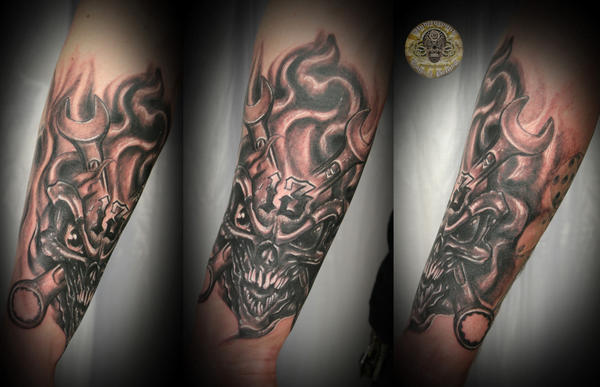 Skull And Flame Sleeve Tattoos