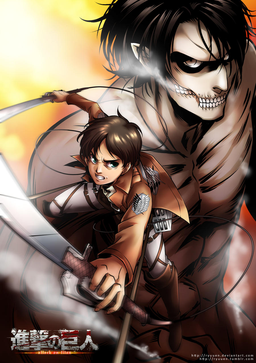 Eren and his titan form in the back