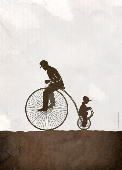 father and son on bicycle, conceptual art